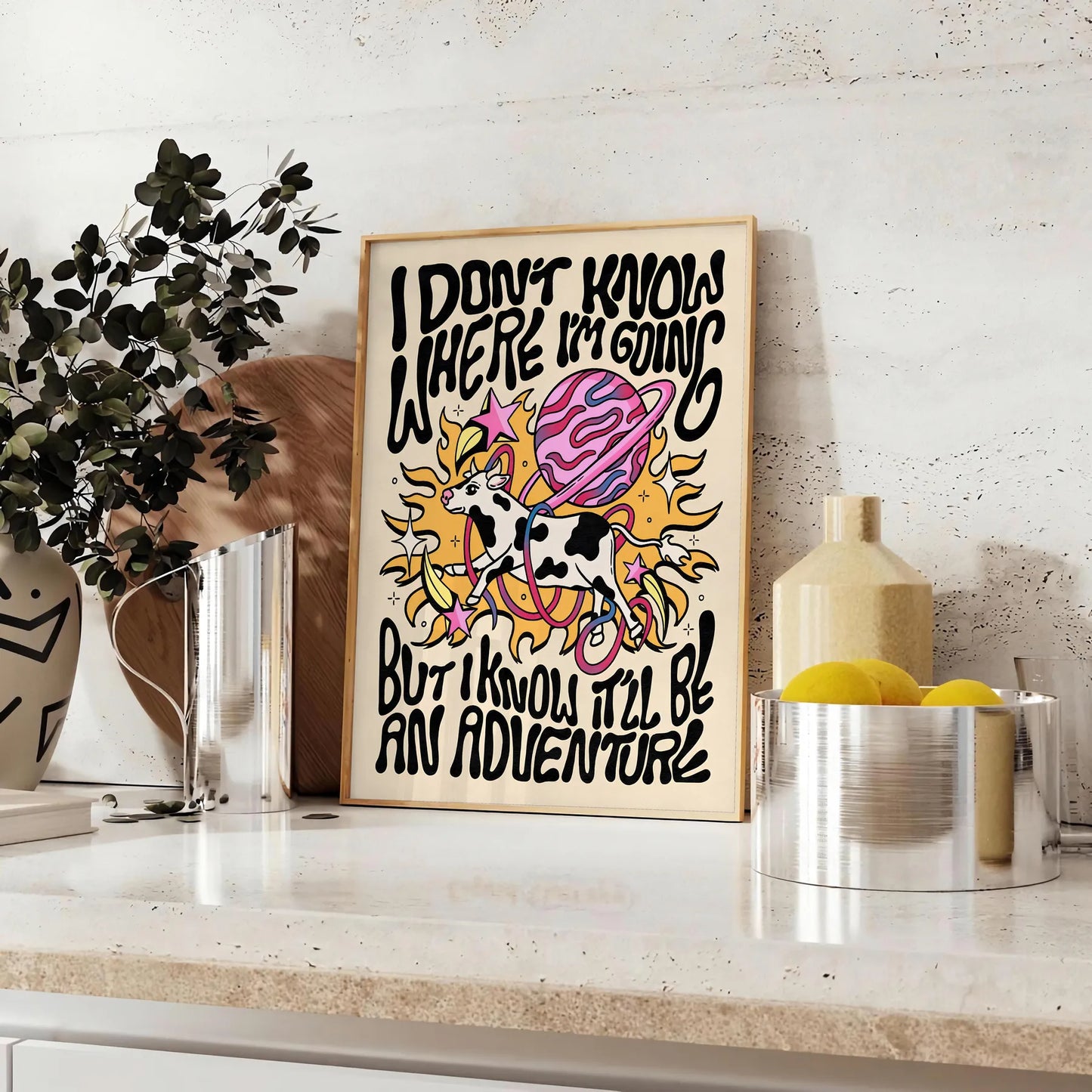 splash groovy vibes space I Do Know Where Going poster bold yellow black hues captivating wall art standout gift unique print room