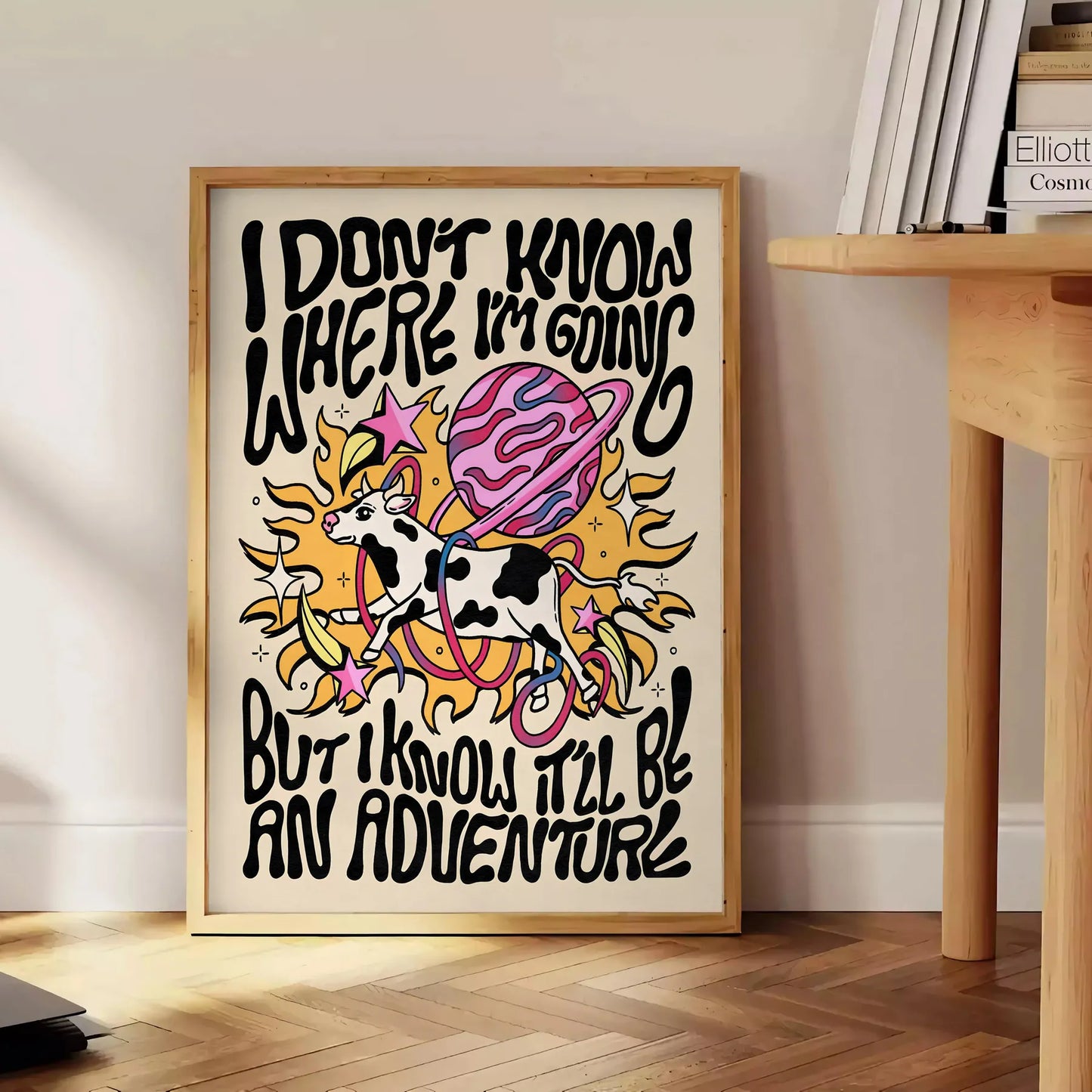 splash groovy vibes space I Do Know Where Going poster bold yellow black hues captivating wall art standout gift unique print room