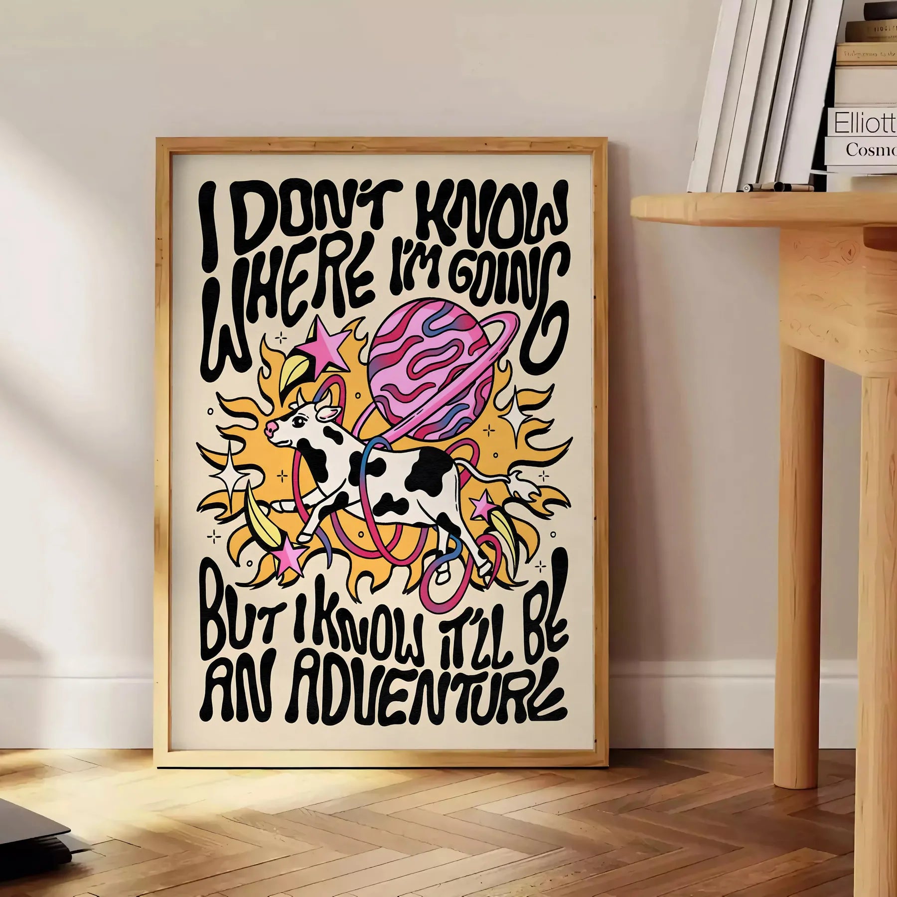 splash groovy vibes space I Do Know Where Going poster bold yellow black hues captivating wall art standout gift unique print room