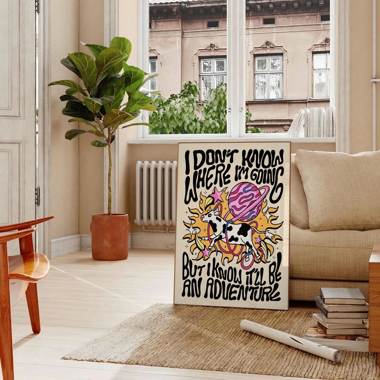 splash groovy vibes space I Do Know Where Going poster bold yellow black hues captivating wall art standout gift unique print room