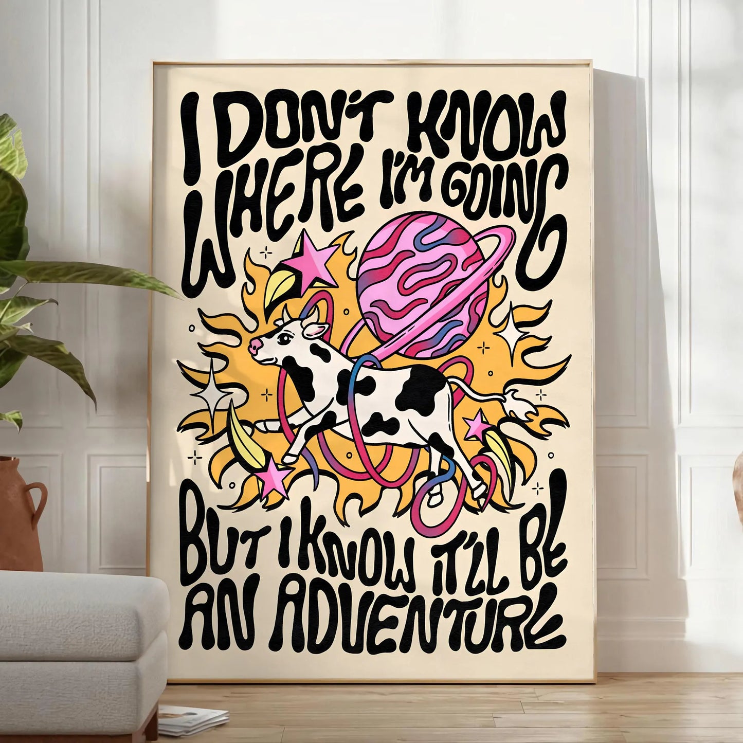 splash groovy vibes space I Do Know Where Going poster bold yellow black hues captivating wall art standout gift unique print room