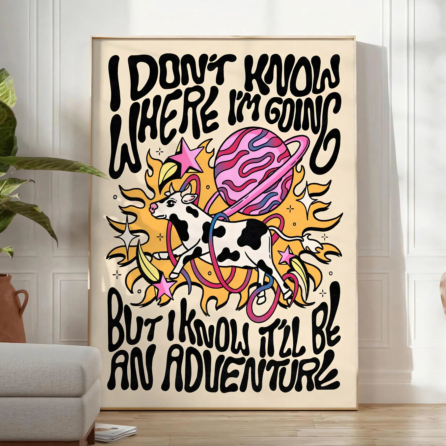 splash groovy vibes space I Do Know Where Going poster bold yellow black hues captivating wall art standout gift unique print room
