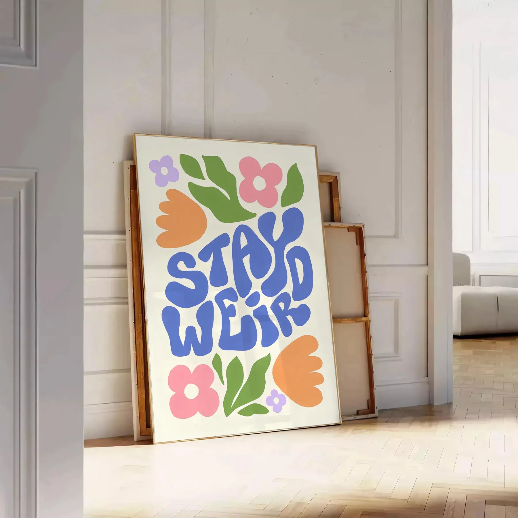 touch whimsy space Stay Weird Groovy poster earthy brown green hues wall art unique gift vibrant artwork retro flair room unframed options style