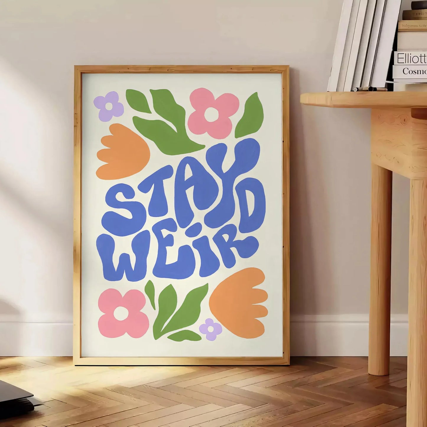 touch whimsy space Stay Weird Groovy poster earthy brown green hues wall art unique gift vibrant artwork retro flair room unframed options style