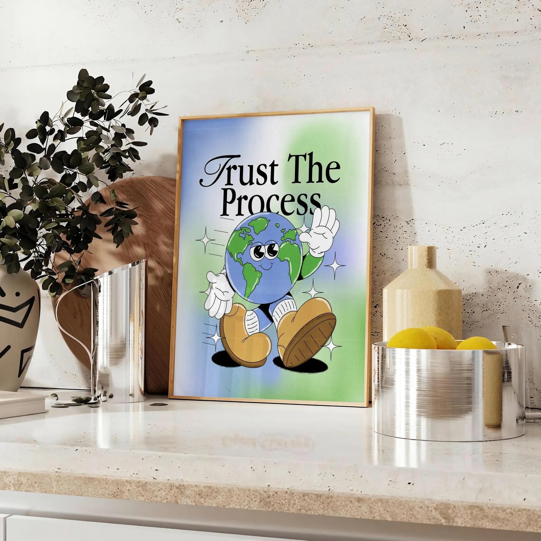 space Trust Process groovy art poster bold black green hues captivating print positivity style wall meaningful gift framed frameless aesthetic