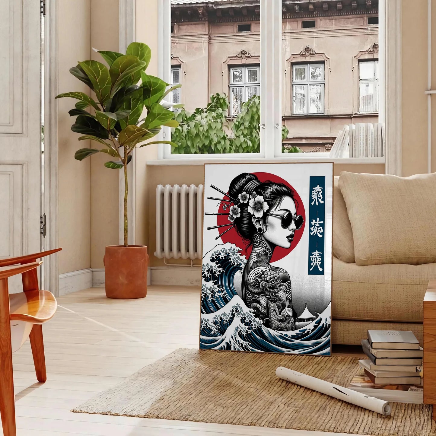 elegance Japan stunning black green poster captivating portrayal woman wall art unique gift artwork sophisticated charm space convenience