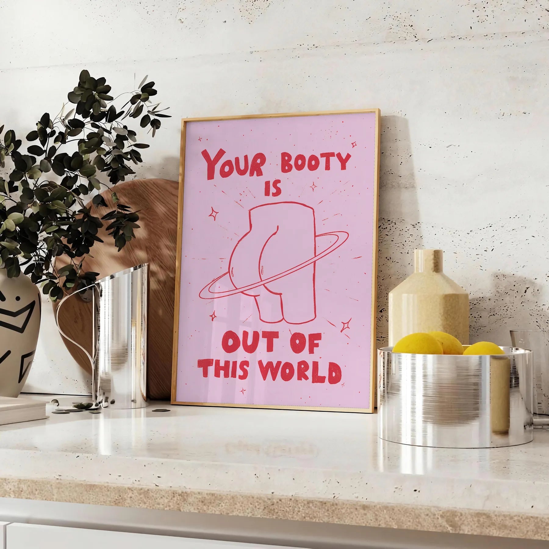 space Your Booty Out This World graphic art poster vibrant orange sleek gray wall unique gift artwork cosmic flair room unframed options style