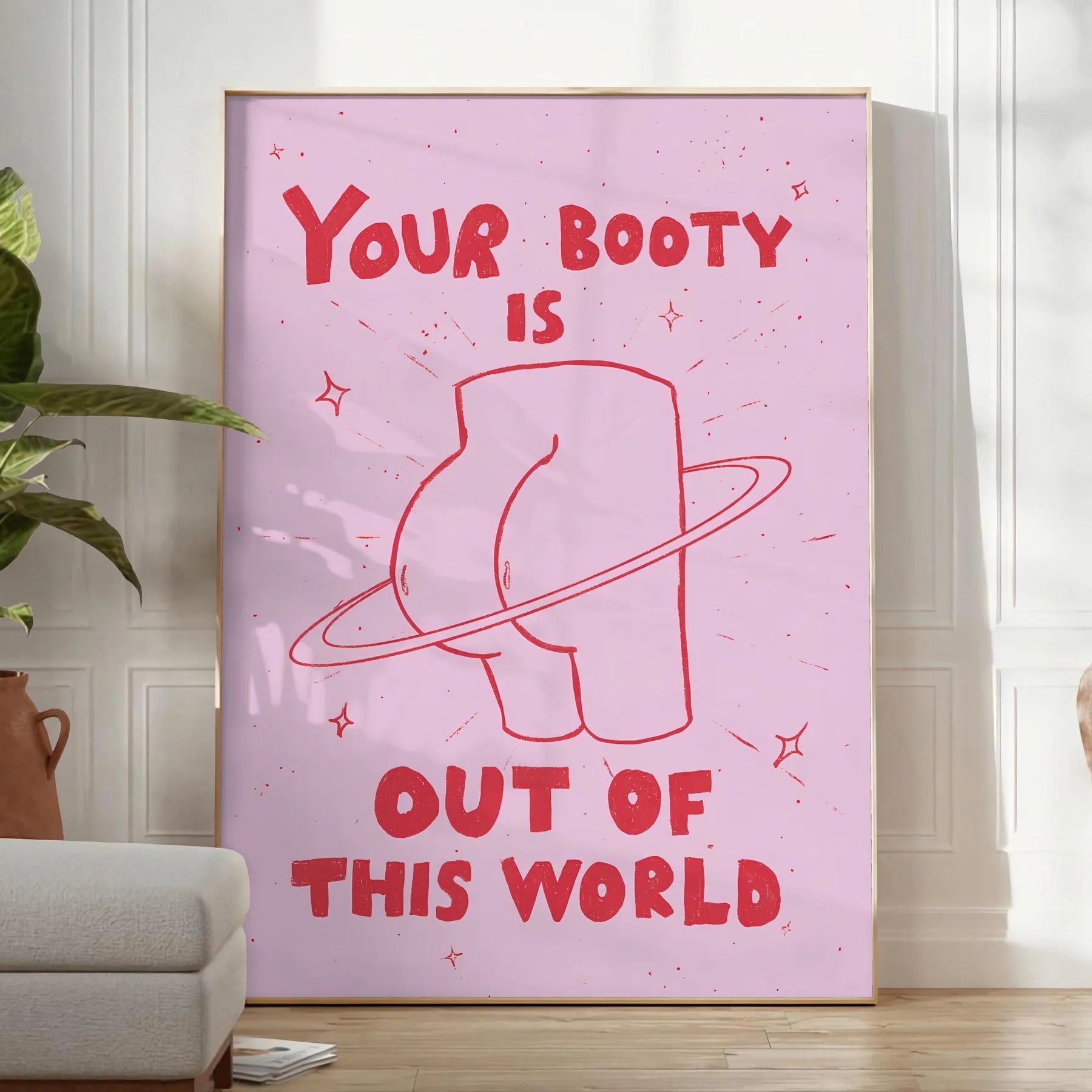 space Your Booty Out This World graphic art poster vibrant orange sleek gray wall unique gift artwork cosmic flair room unframed options style