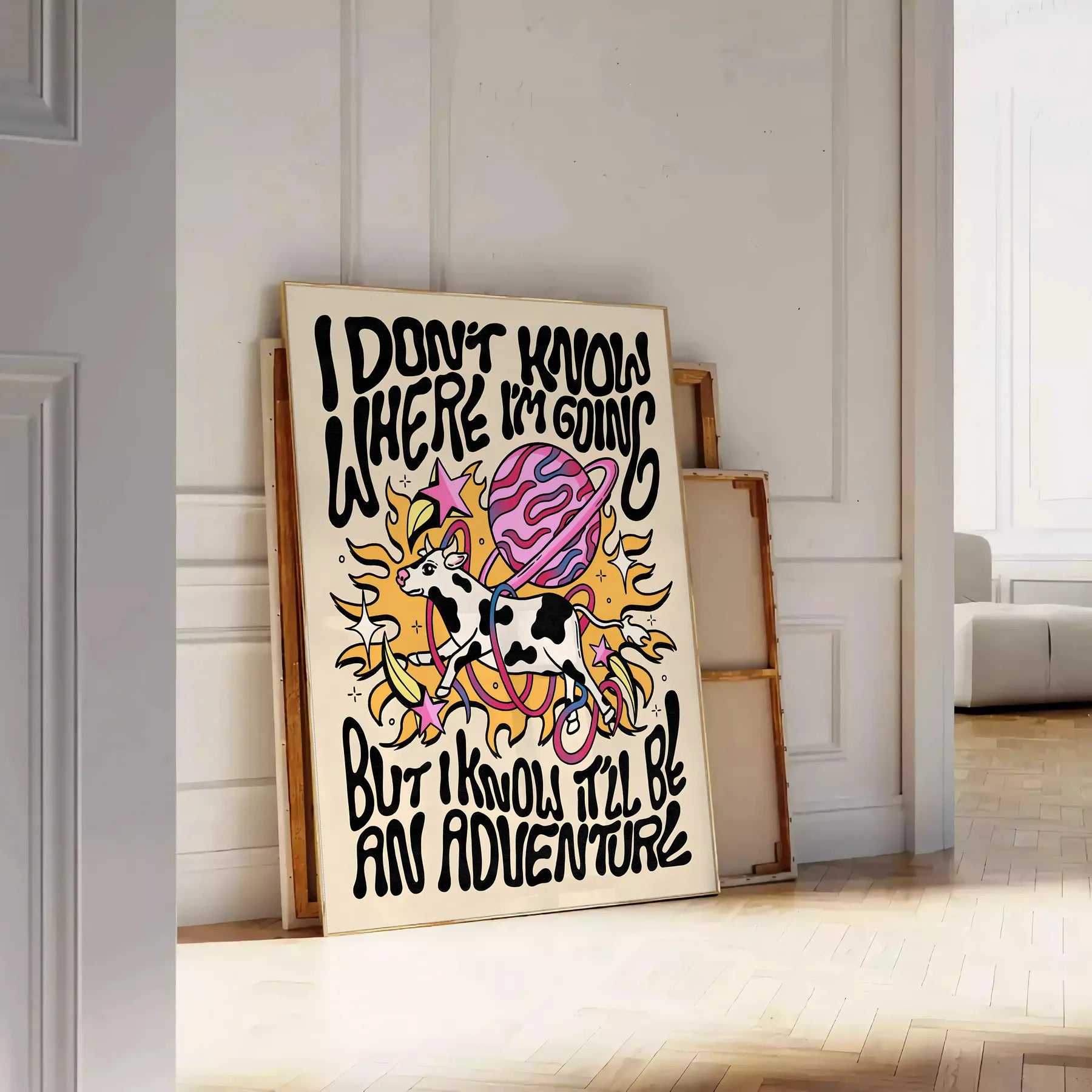 splash groovy vibes space I Do Know Where Going poster bold yellow black hues captivating wall art standout gift unique print room