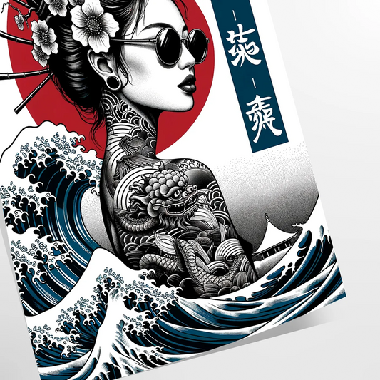 elegance Japan stunning black green poster captivating portrayal woman wall art unique gift artwork sophisticated charm space convenience