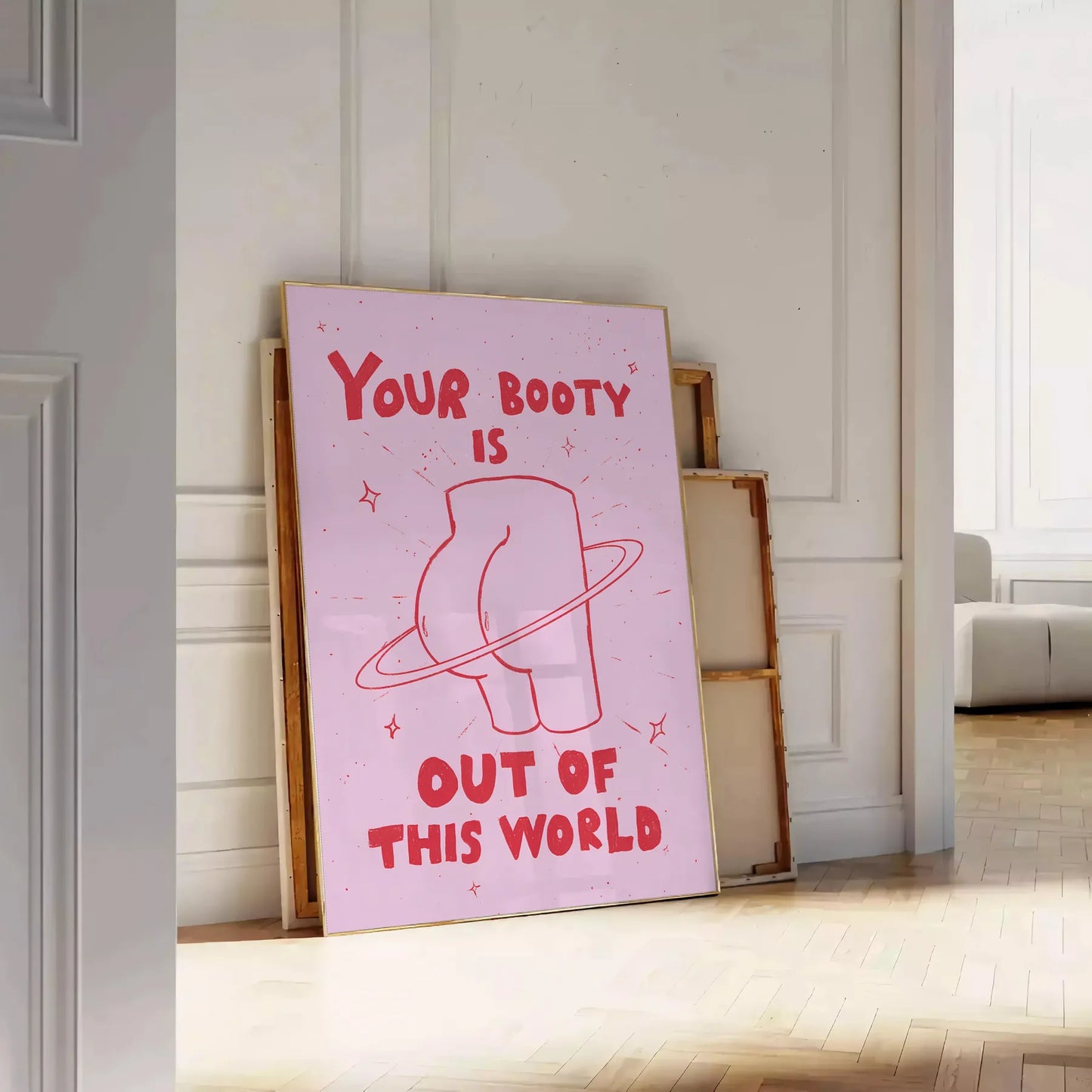 space Your Booty Out This World graphic art poster vibrant orange sleek gray wall unique gift artwork cosmic flair room unframed options style